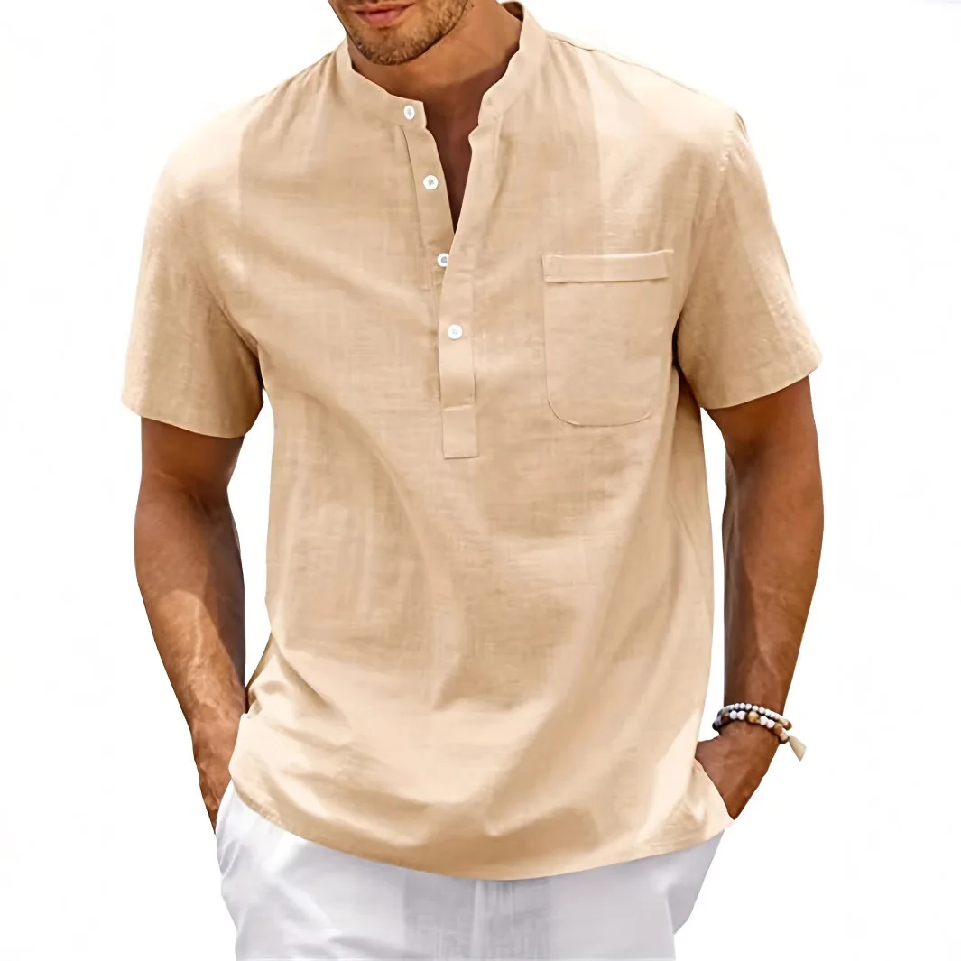 Mens-Cotton-Linen-Henley-Shirt-Short-Sleeve-Pocket-Casual-Beach-Solid-Color-Vintage-Summer-Streetwear-Lightweight-Breathable-Top