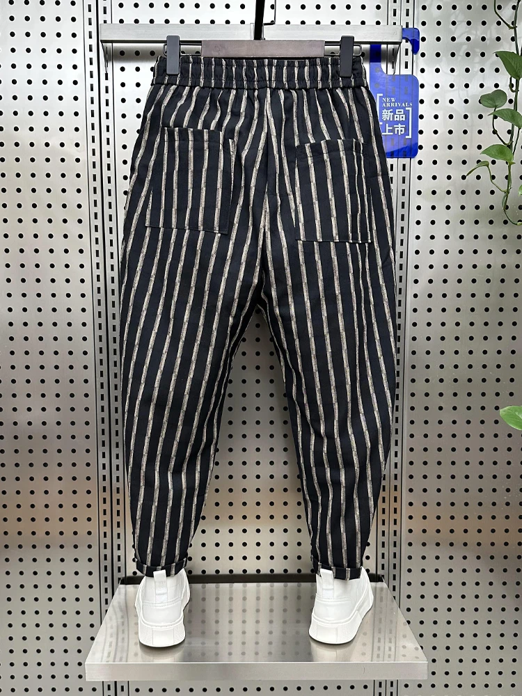 Summer New Fashion Trend Striped Slim Casual Pants Men Cotton Linen Breathable Comfortable Loose Youth Popular Nine-point Pants