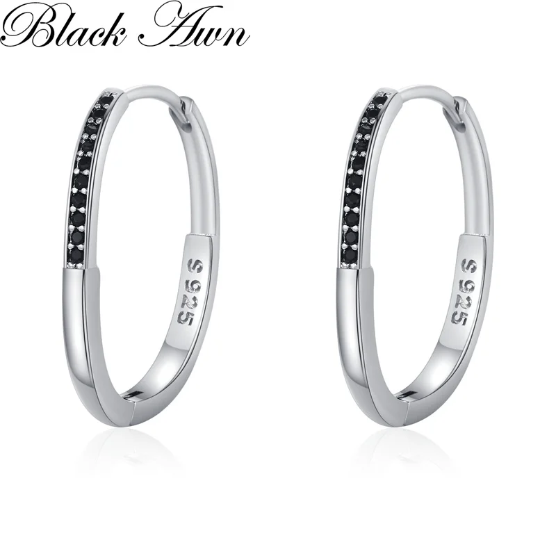 

Black Awn Classic Silver Color Round Black Trendy Spinel Engagement Hoop Earrings for Women Jewelry Bijoux I313