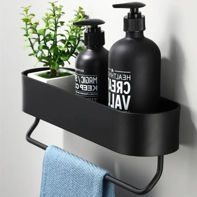 30/40/50cm Black / Matte Bathroom Shelf Shampoo Rack Kitchen Storage Holder Towel Bar Space Aluminum Kitchen Shelf Kmmoun