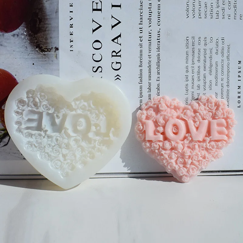 Molde de silicona con forma de corazón rosa para jabón, herramienta de fabricación de yeso, vela de flor de amor, molde de hielo de Chocolate,