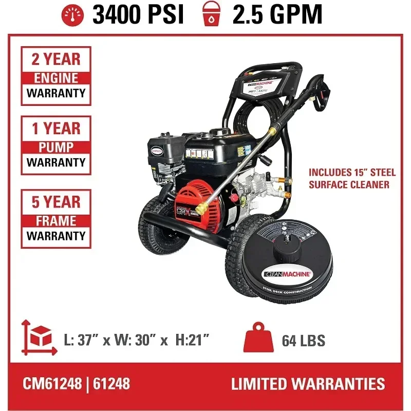 Cleaning CM61083 Clean Machine 3400 PSI Gas Pressure Washer, 2.5 GPM, CRX Engine, Includes Spray Gun and Wand, 4 QC Nozz