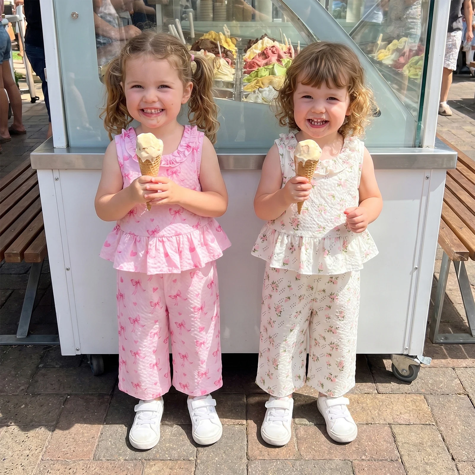 Little Girl Summer Outfit Floral/Bow Heart/Geometric Print Sleeveless Ruffled Hem Tops and Wide Leg Pants 2Piece Set