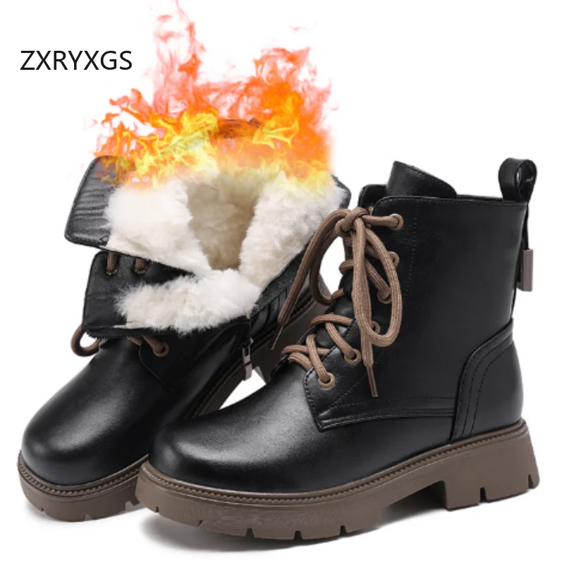 

ZXRYXGS 2025 Новые ботинки из натуральной кожи на шнуровке с боковой молнией внутри, плюшевые/шерстяные ботинки, зимние ботинки, теплые удобные женские ботинки большого размера