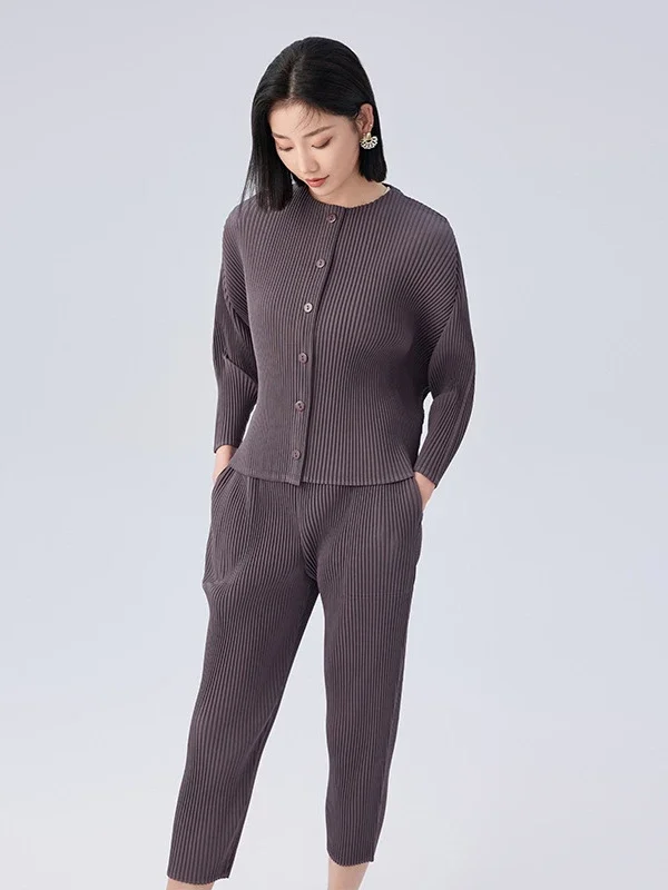 Cardigan plissé à boutonnage simple pour femme, veste à manches longues, pantalon à petites jambes, design solide épaissi, mode automne, 2024