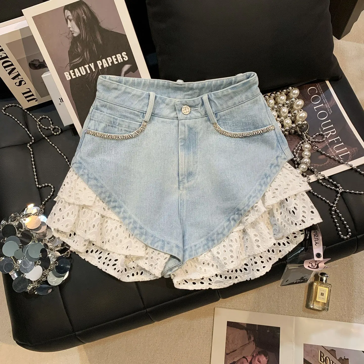 High Waist Lace Stitching Hollow Denim Shorts Women's Summer New Jean Shorts