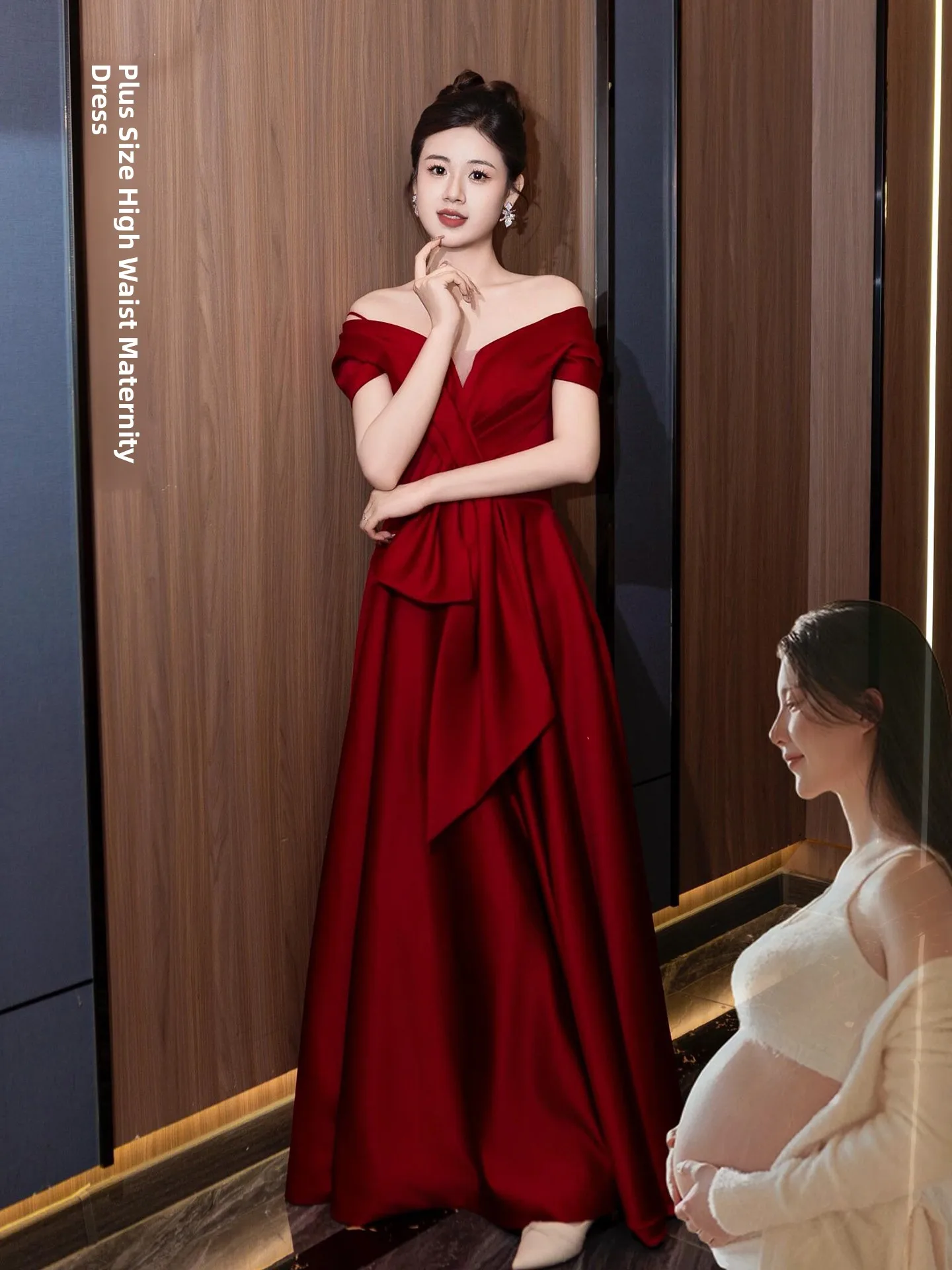 

Red One-oulder Materni Dr Floor-Length A-Line Skirt Wedding Reception Ceremony Women's Faion Korean Sle High Waist