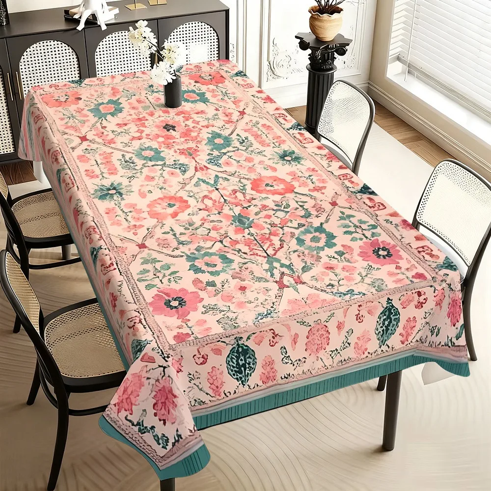 1pc Rectangular Tablecloth/Placemat, Vintage Floral Pattern, Mainly Pink with Green Accents, 100%, Machine Washable for Easy Cleaning, Durable, Suitable for Restaurant/Office/Desk/Kitchen/Picnic Decoration/Gift/Banquet/Coffee Table/Wedding/Party
