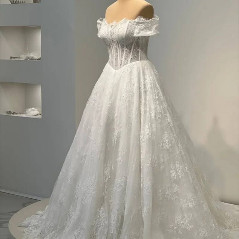 Minimalist Shiny White Wedding Dresses off-shoulder A Skirt  decal Long tail Bridal Gowns Made Customized
