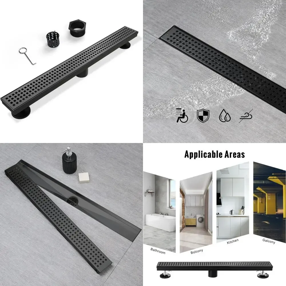 

Matte Black 18 Inch Square Hole Linear Shower Drain with Hair Strainer for Modern Bathrooms