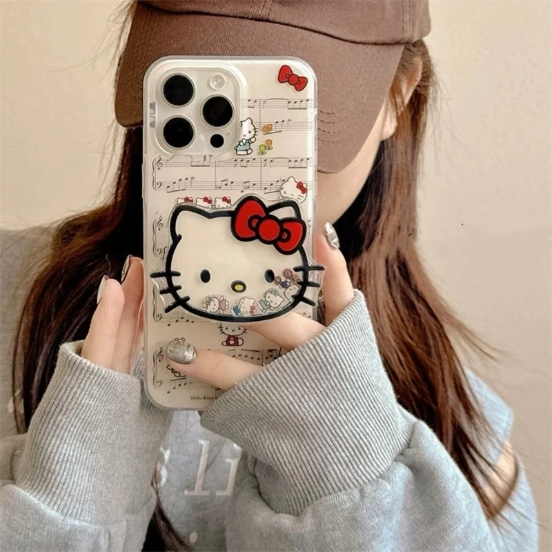 Cute Note Music Cartoon Bow Hello Kitty Shake Holder Phone Case For iPhone 11 12 13 14 15 16 Pro Max lovely Kitty Shake Stand