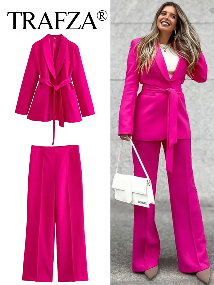 

TRAFZA Women Fashion Pant Suit Belt Blazer Long Sleeve Coat + High Waist Side Zipper Fly Slim Straight Pants Spring Female Suits