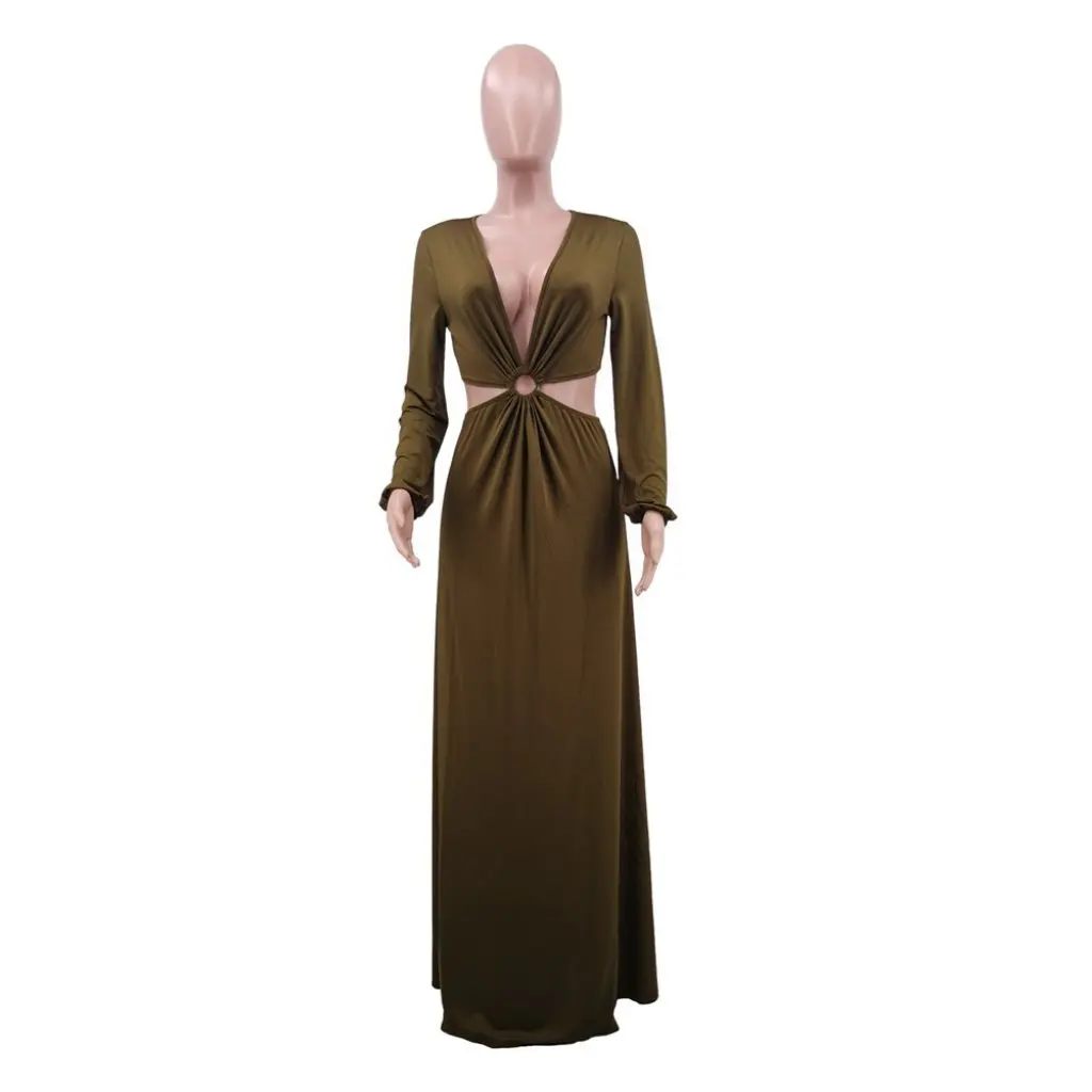 Vestido longo feminino sexy decote em v profundo oco design cor sólida outono inverno novo estilo europeu americano
