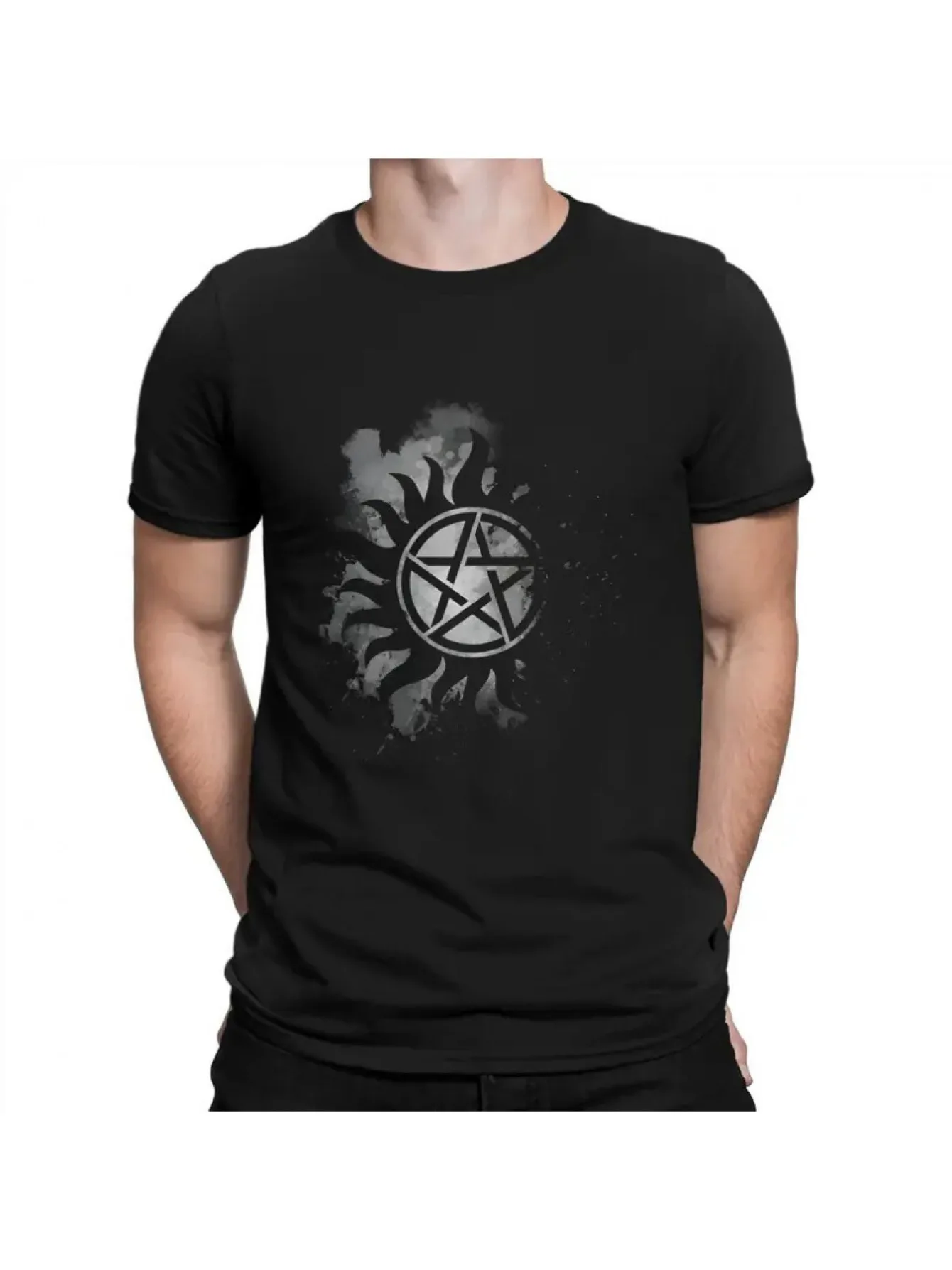 

Мужская футболка с рисунком сверхъестественного юмора — черная повседневная хлопковая футболка с короткими рукавами и пентаграммой и брызгами