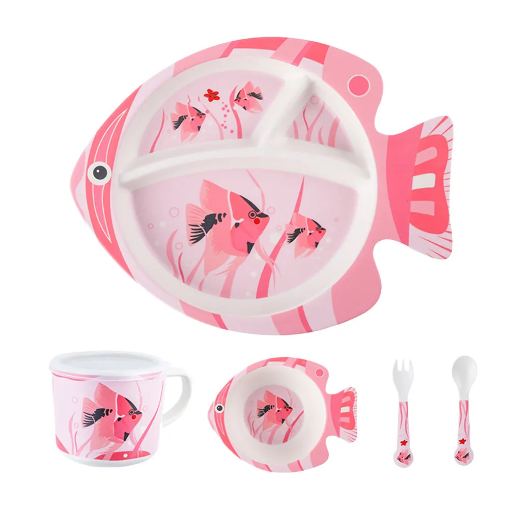 

5PCS Bamboo Fiber Kids Fish Design Dinner Tableware Set Divided Food Plate Dining Tray Feeding Cup Meal Dish Spoon Fork Flatware