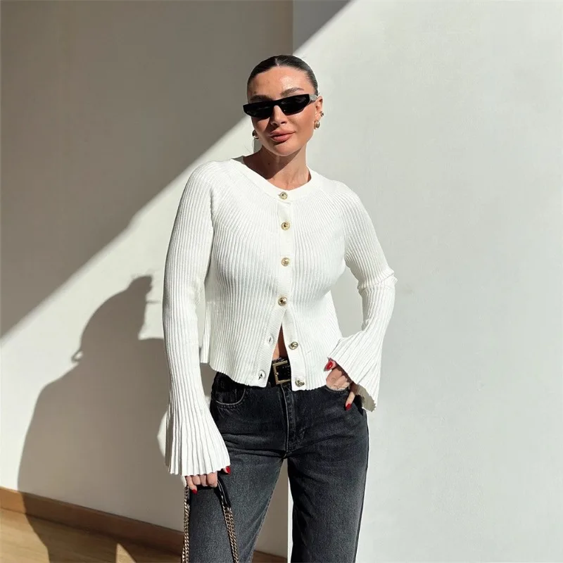 

Вязаный кардиган с длинным рукавом для женщин, однобортный свитер в рубчик, тонкий модный осенне-зимний женский вязаный топ 202, осень-зима