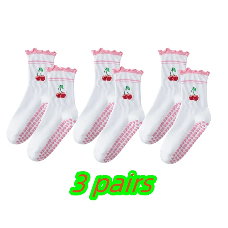 

3 пары женских элитных белых носков для йоги с вышивкой, пилатеса, фитнеса, бега, спортивных женских носков средней длины с героями мультфильмов вишни