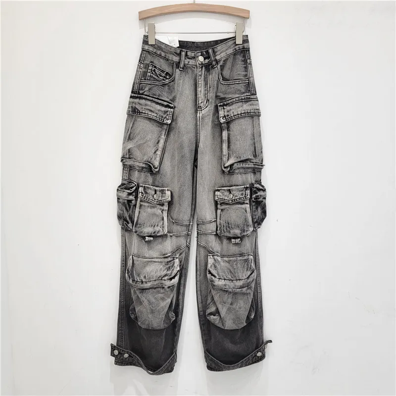Jean Cargo de loisirs multi-poches pour femmes, gris, noir, taille haute, ample et assorti avec tout, pantalon droit noué à la cheville, nouvelle collection printemps