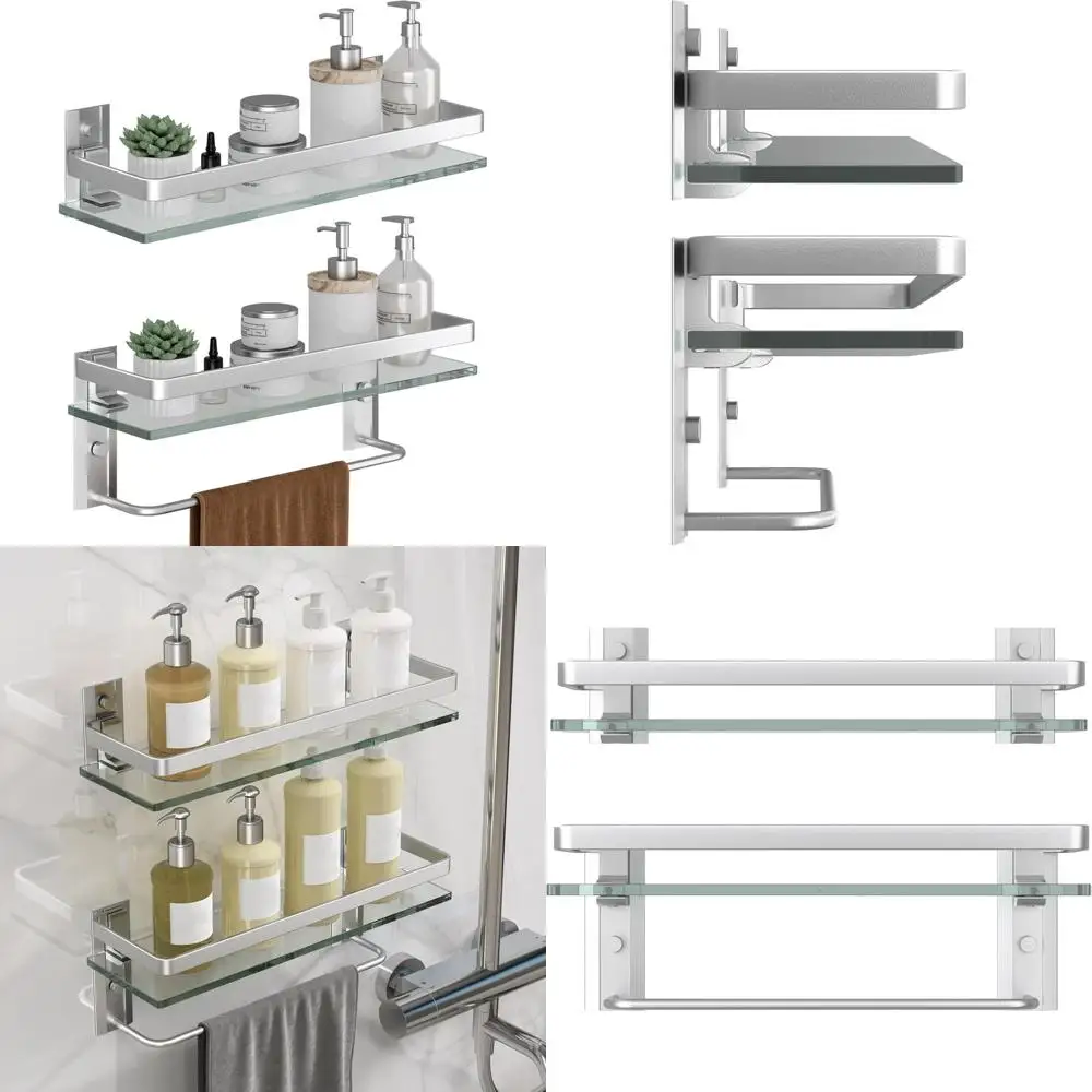 

danpoo bathroom shelves wall mounted, clear tempered glass shelf with towel bar, hand towel holder(matte silver)
