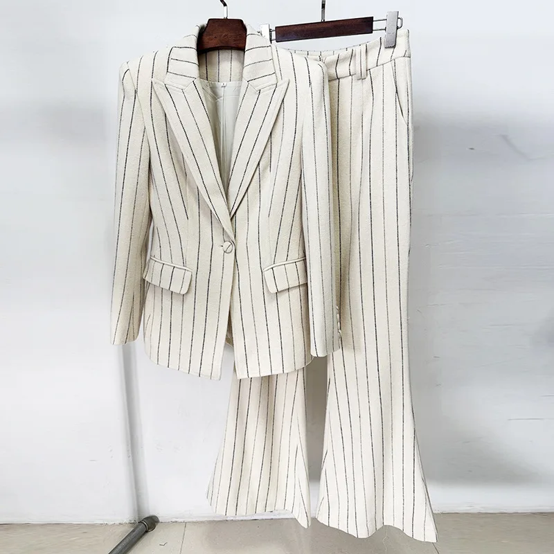 

Elegant Vintage Striped Two Piece Blazer Set Women Luxury Formal Evening Party Clubwear High Waist Flare Pants Outfits Suit