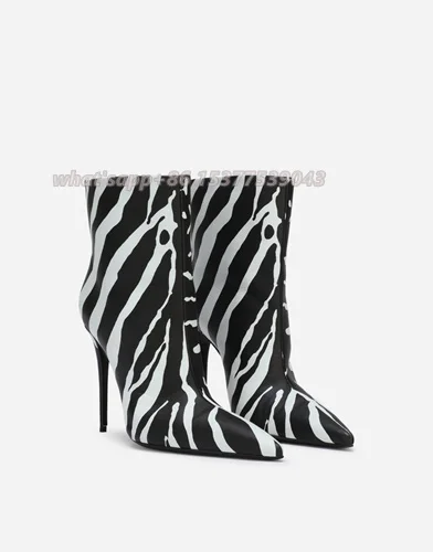 Zebra-print Soft Leather Pointed Toe Knee High Boots Stripe Slip-on Stiletto High Heels Shoes Women Winter Designer New Arrivals