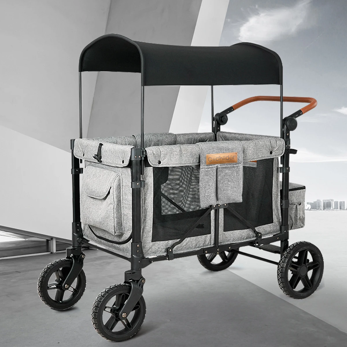 

Baby strollers, foldable and portable, detachable sunshade, camping cart that can seat four children, Travel in autumn