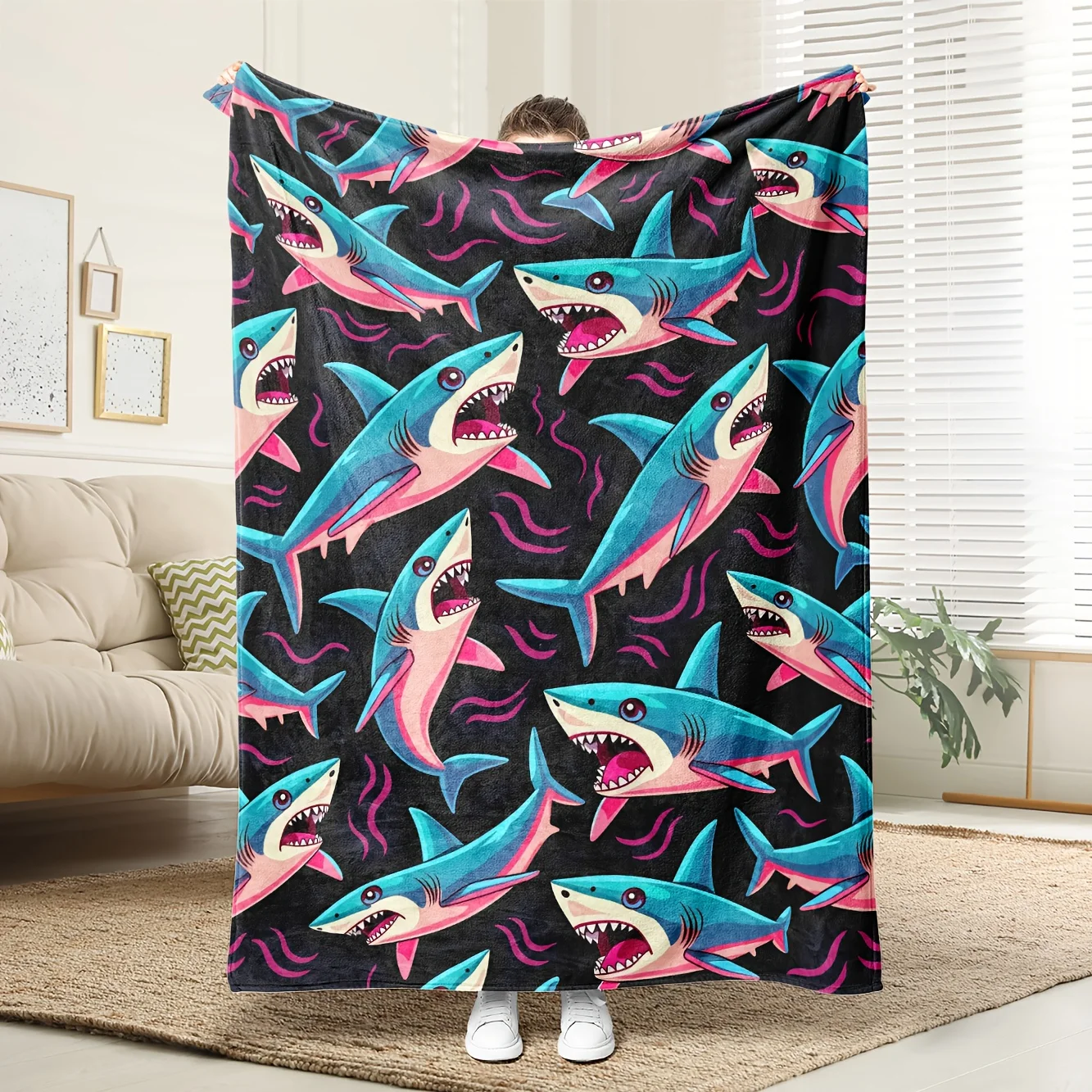 Cozy Shark-Themed Flannel Blanket - Soft, Breathable 100% Polyester with Vibrant HD Digital Print, All-Season Comfort for Family