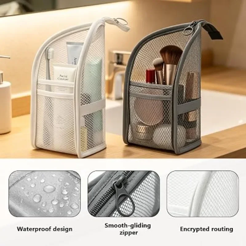 Tragbare, aufrechte Kosmetiktasche aus Netzstoff mit mehreren Fächern, wasserdicht, ideal als Reise-Kosmetik-Organizer für Damen, mit 3 zusätzlichen Beuteln für das Badezimmer. – Detail 7