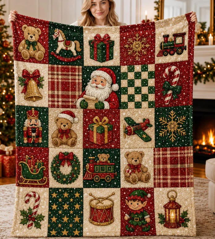 Christmas Blanket, Santa Toy Patchwork Minky or Sherpa Throw, Cozy Holiday Gift, Winter Home Decor Blanket