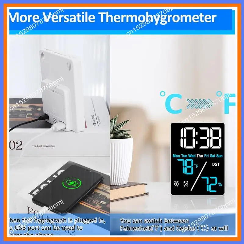 BAAE Digital Room Thermometer Hygrometer Alarm Clock For Desk, Indoor Humidity And Temperature Measurement With LED Display