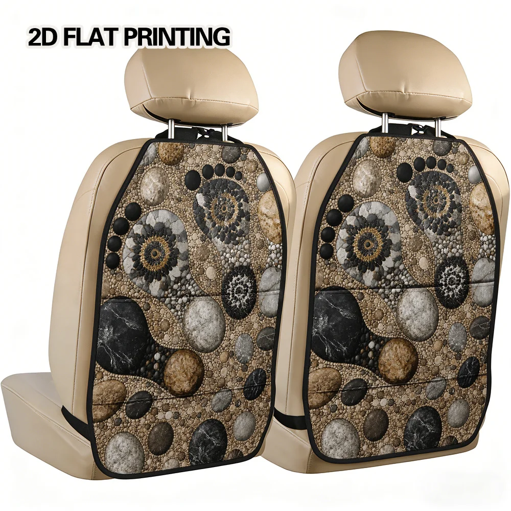 2D Flat, 2pcs Bohemian Stone Foots Design Backseat Car Organizer Mats, Soft Lightweight Multi-Pocket Style, Great For Auto Decor