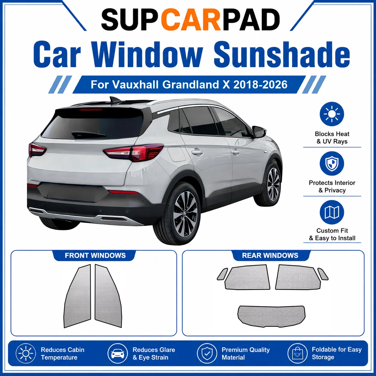 For Vauxhall - Vauxhall Grandland X 2018-2026 Full Set Car Window Sunshades UV Block Privacy Heat Insulated Foldable Car Curtain