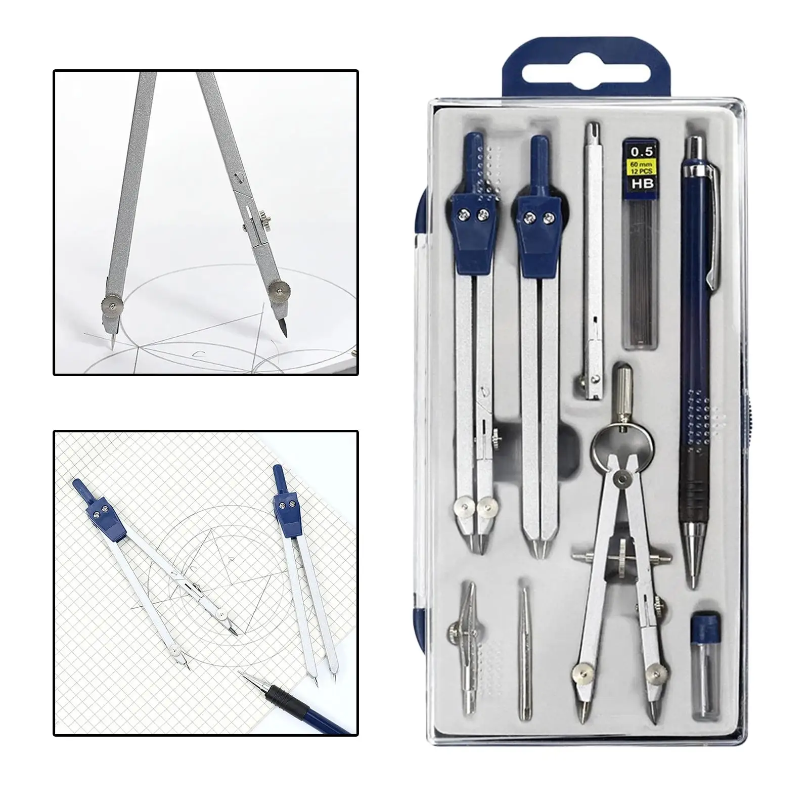 9 Pieces Math Geometry Sets with Storage Box,Includes Compass Replacement Pins, Pencil for Drafting and Drawings
