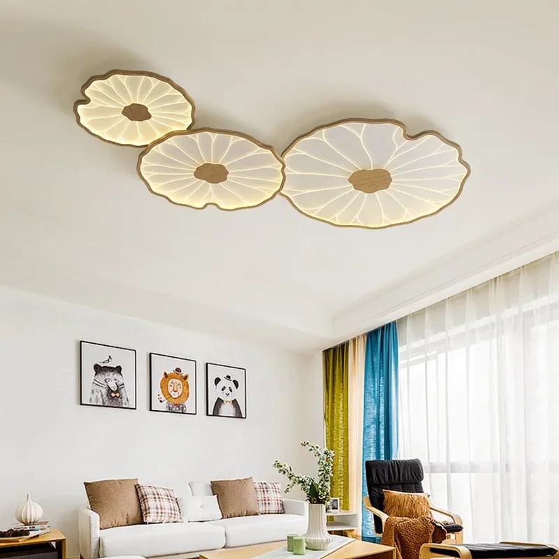 Chinese Lotus Leaves Ceiling Lamps Creative Solid Wood Light Fixture Living Room Decoration Bedroom LED Personality Lighting