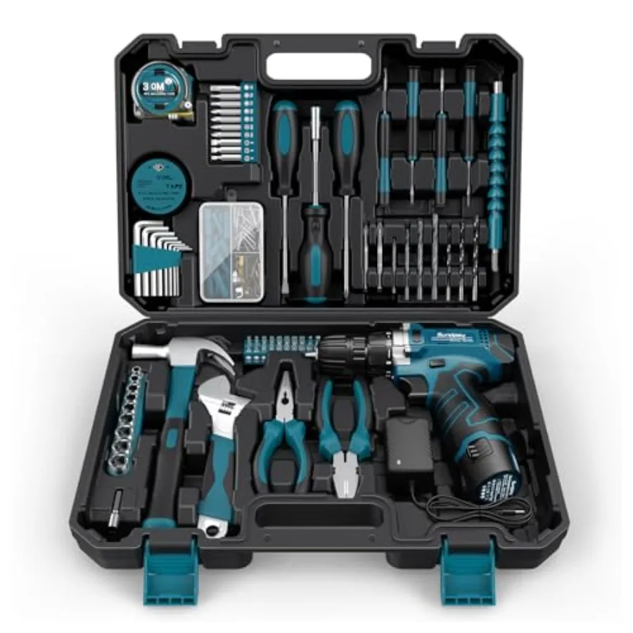 

Sundpey Tool Kit 206PCs with Drill - 12V Cordless Power Drill Combo Home Tool Set - Portable Basic General Household Toolbox fo