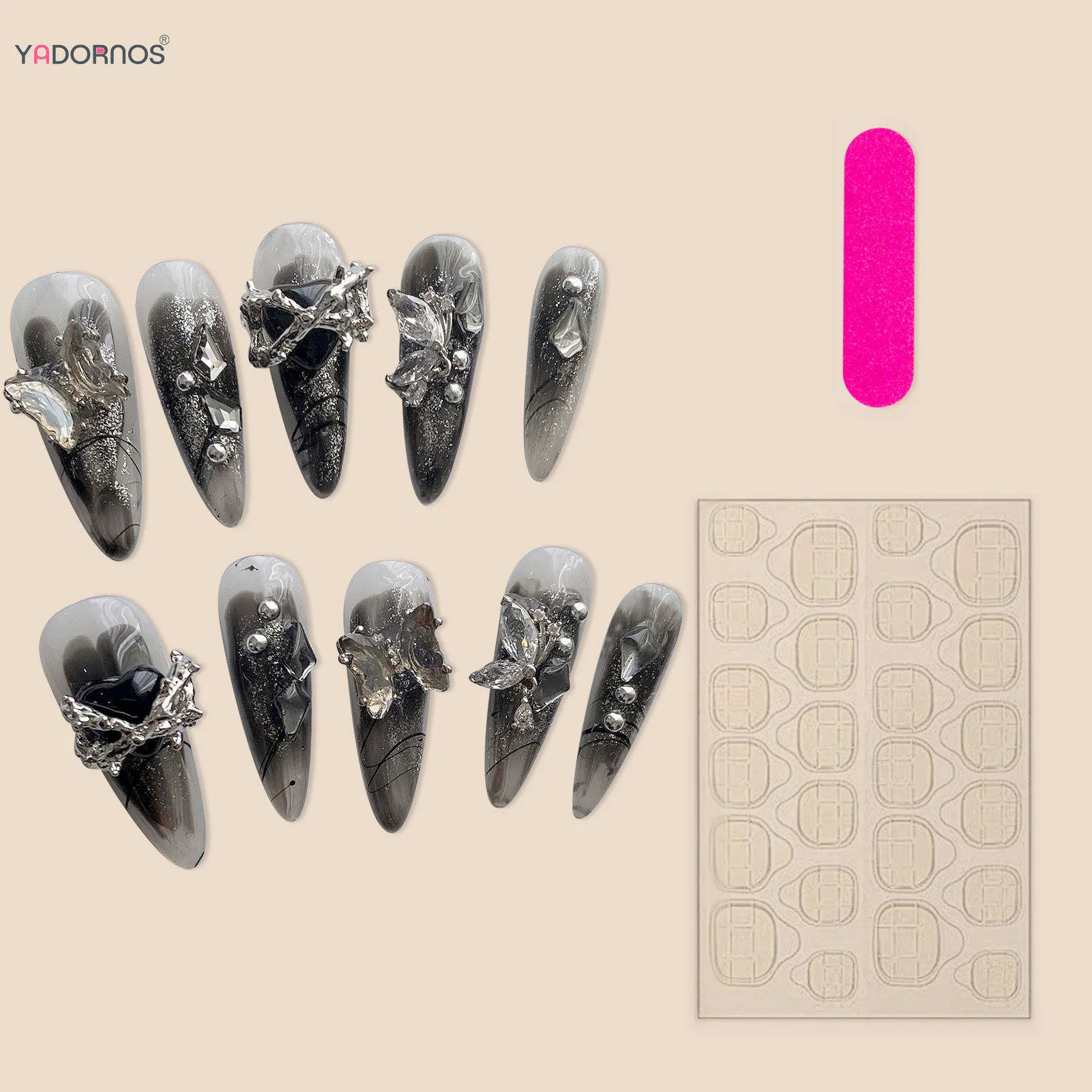 أظافر مزيفة خنجر طويلة ، مصنوعة يدويًا ، متدرجة ، سوداء ، اضغط عليها ، الماس ، الفراشة ، تصميماتها بعقدة فراشية ، لامعة ، مانيكير ، يمكن ارتداؤها ، 10 *