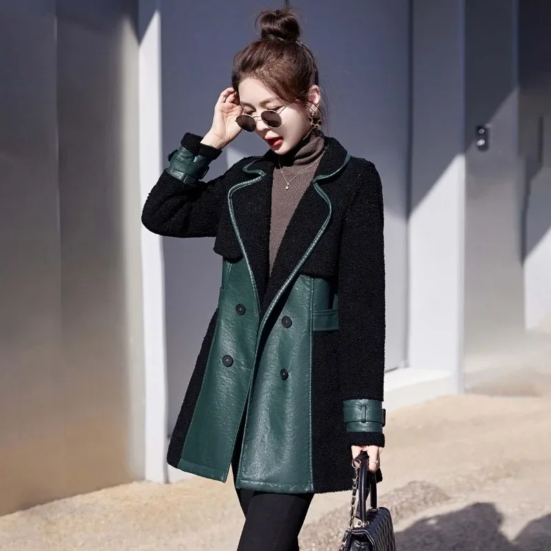 Women Mid-Length Leather Jacket Sheepskin Coat Warm Thick Lambs Wool High-End Slim Fit Female Outcoat Fashion Winter Overwear