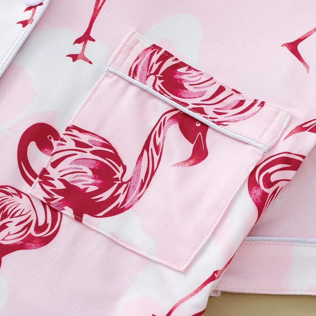 بيجامة على شكل حيوان وردي مع طية صدر السترة مطبوعة على شكل طائر الفلامنغو بأكمام قصيرة وبنطلون طويل ملابس للاستلقاء مجموعة ملابس منزلية هدايا للنساء #5