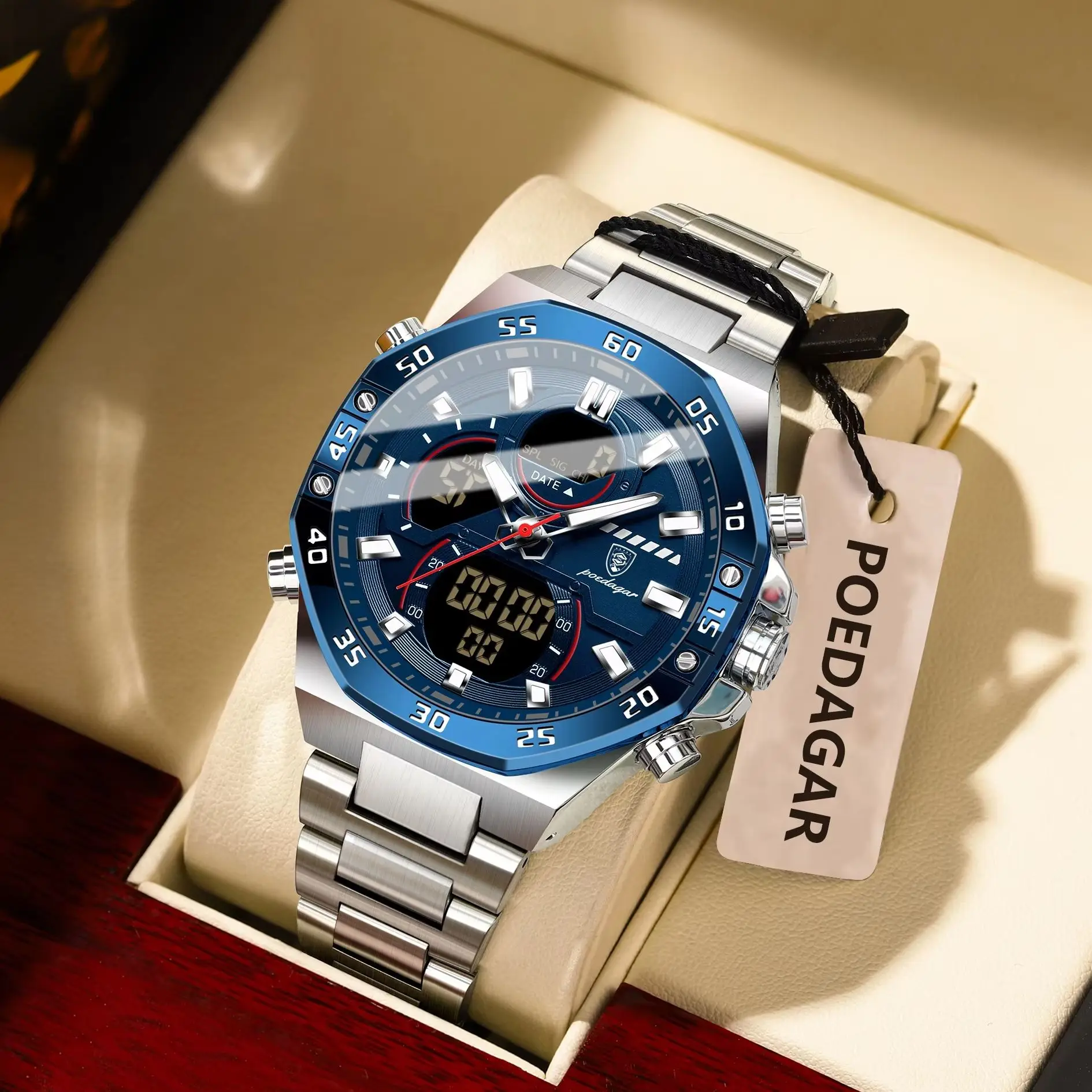 POEDAGAR ساعة يد رياضية أصلية للرجال تاريخ الأسبوع مقاومة للماء LED كوارتز ساعة رجالية من الفولاذ المقاوم للصدأ ساعات رقمية عسكرية للرجال