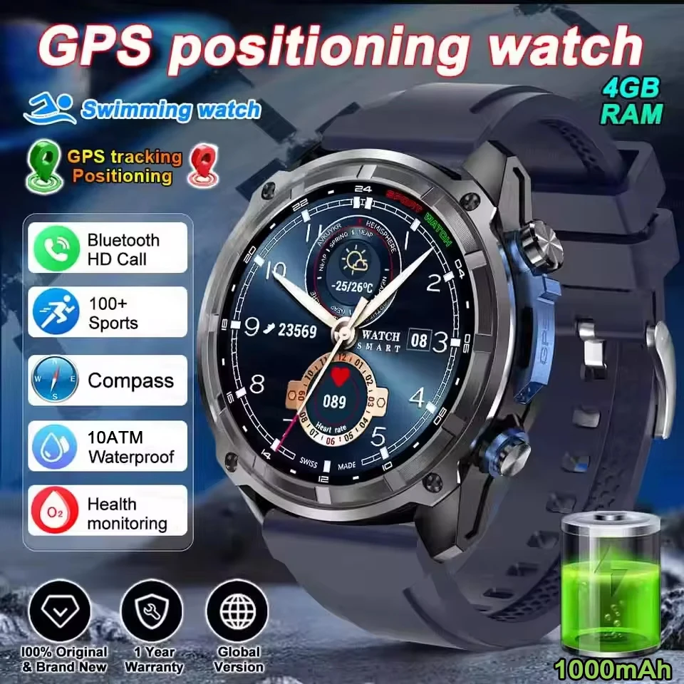 2025 Militaire offline kaart 1000 mAh batterij Smart Watch 4 GB groot geheugen GPS-navigatie MP3/MP4-speler Zwemmen Sport trackr Smartwatch