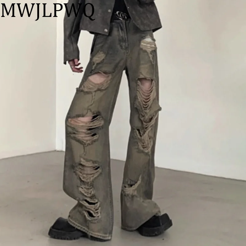

MWJLPWQ Distress Retro Washed High Street Hole Jeans Men's Hiphop Wide Leg Pants Full Length Straight Trousers Women New 010750