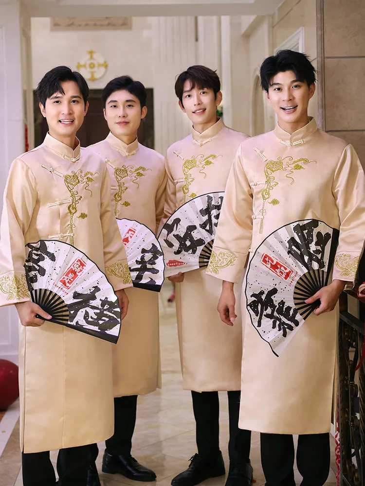 champagne-colored-chinese-sle-omsmen's-long-robe-national-trend-men's-wedding-attire-funny-ethnic-faion-polyester-fiber