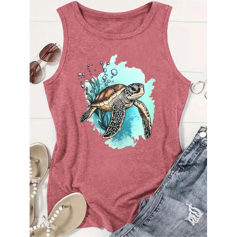 Women's Retro Sea Graphic Sleeveless Top - Vibrant Coral Reef Print, Breathable Round Neck Summer