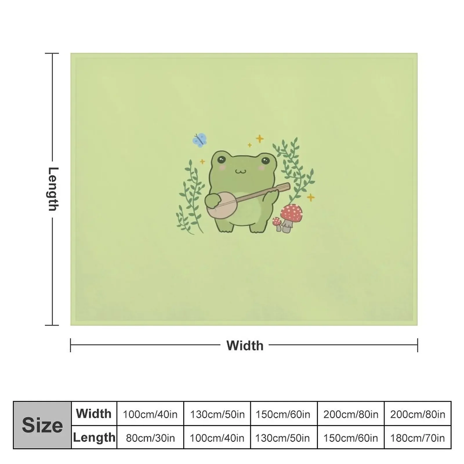 Cute Kawaii Frog Playing Banjo - Toad Plant Fungi Blue Butterfly - Cottagecore Aesthetic Mushroom - Chubby Phrog Throw Blanket