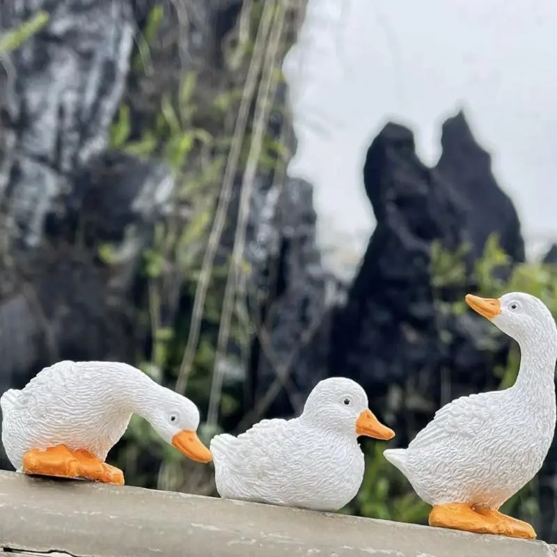 【MA】3pcs Cute White Duck Hydroponic Lotus Flower Pot Retro Resin Statue Outdoor Sculpture For Home Office Desk Garden Decor