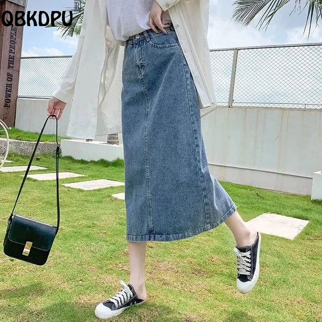 Plus Size 95kg Denim Skirt Women Korean Fashion Mid length Package Buttocks Faldas Split High Waist Jean Skirts Faldas Largas Skirts AliExpress