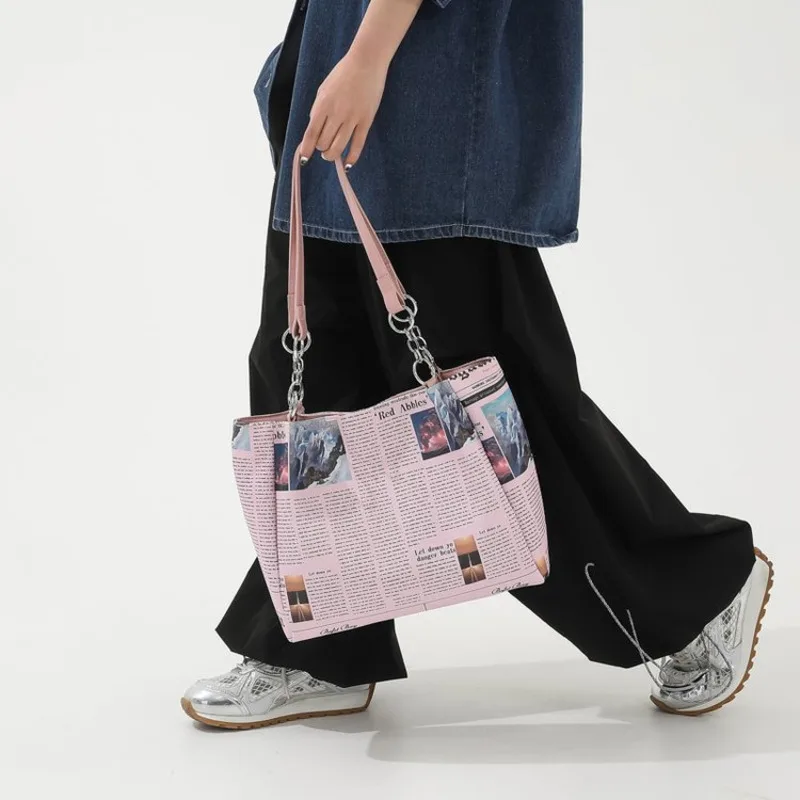 Women's Tote Bag Single Shoulder Underarm Shopping Bag New Large Capacity Printed Newspaper Trendy Personality