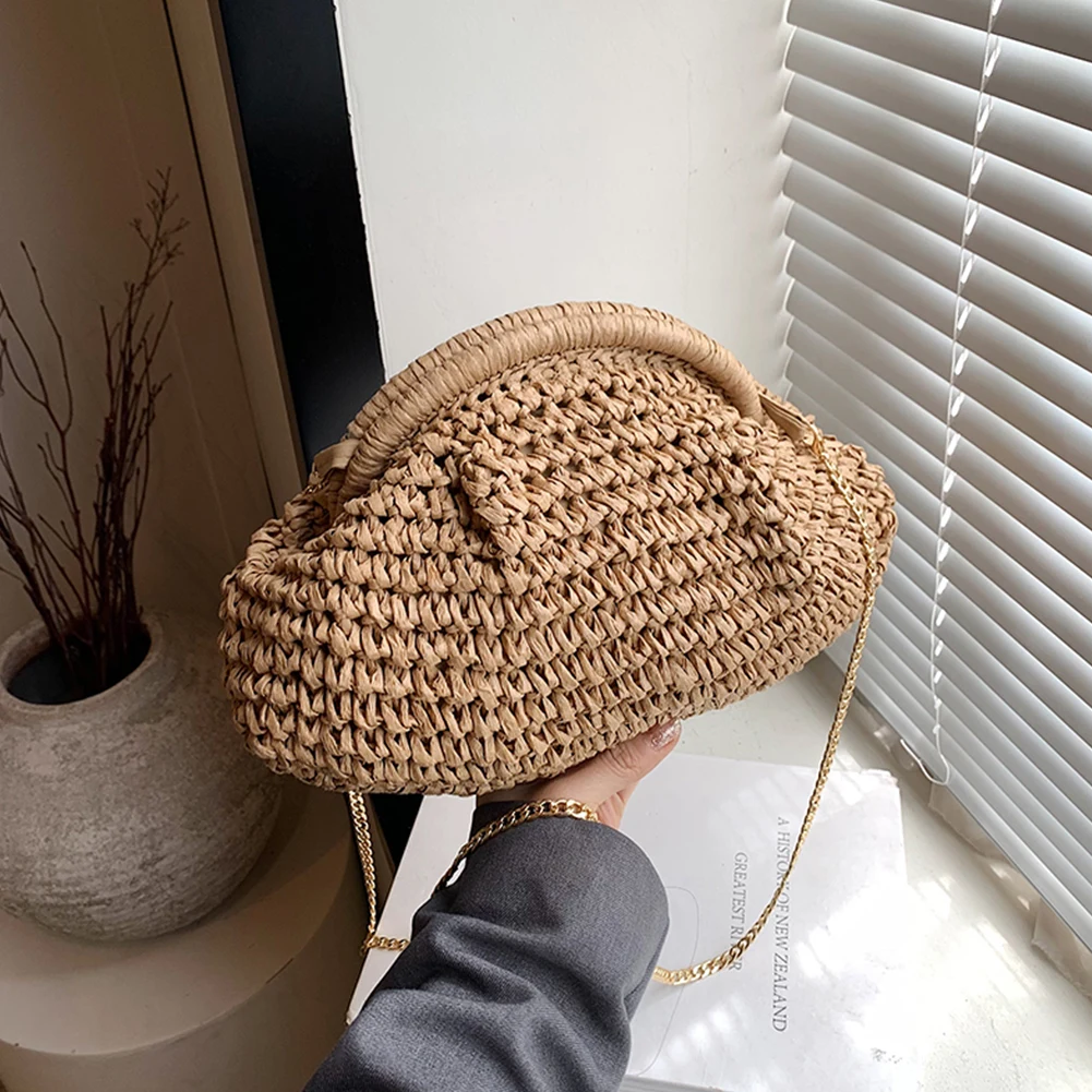 

Women Straw Woven Bag Handmade Fashion Shoulder Bag Large Capacity Stylish Crossbody Bag Solid Color for Outdoor Travel