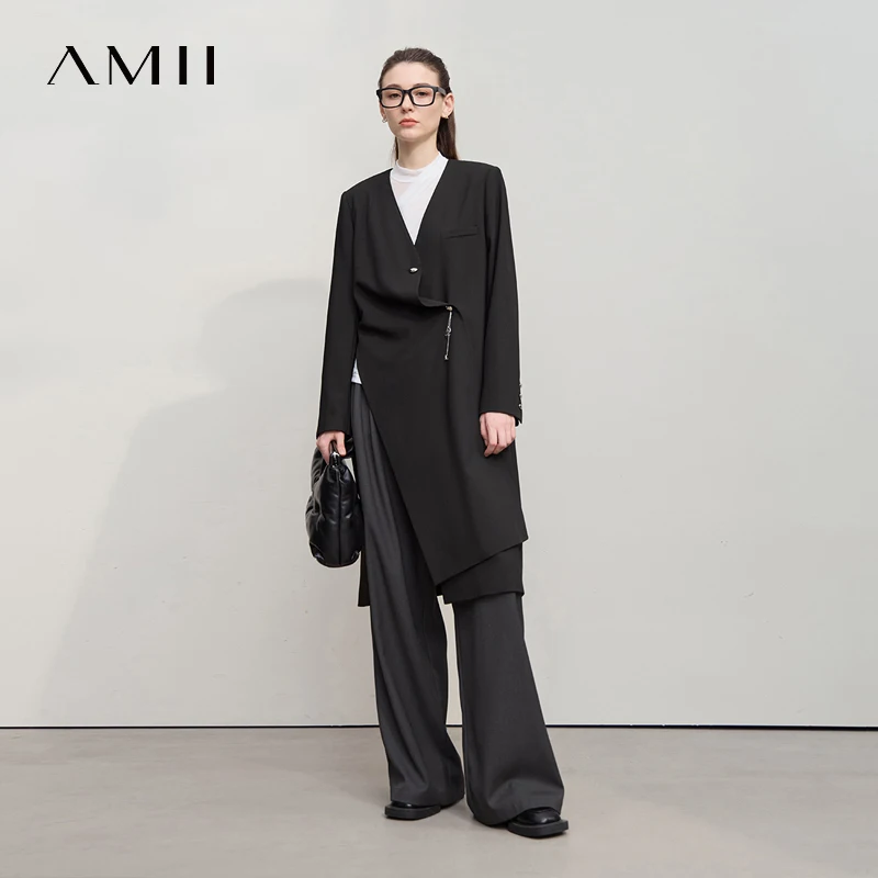 AMII Long Women's Jacket 2025 Autumn New V-neck Metal Chain Blazer Women Long Sleeves Elegance Versatile Blazer Ladies 12553052