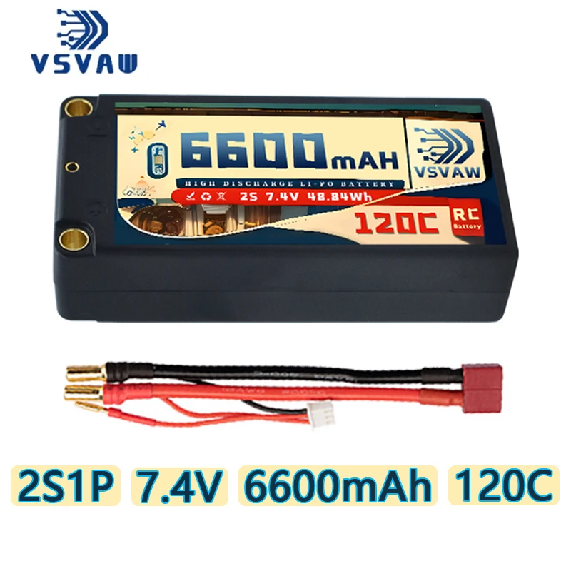 Upgradedl VSVAW 7.4V 2S 6600mAh 120C/240C HV Lipo Battery compatible with 1/10 remote control racing RC model tank battery